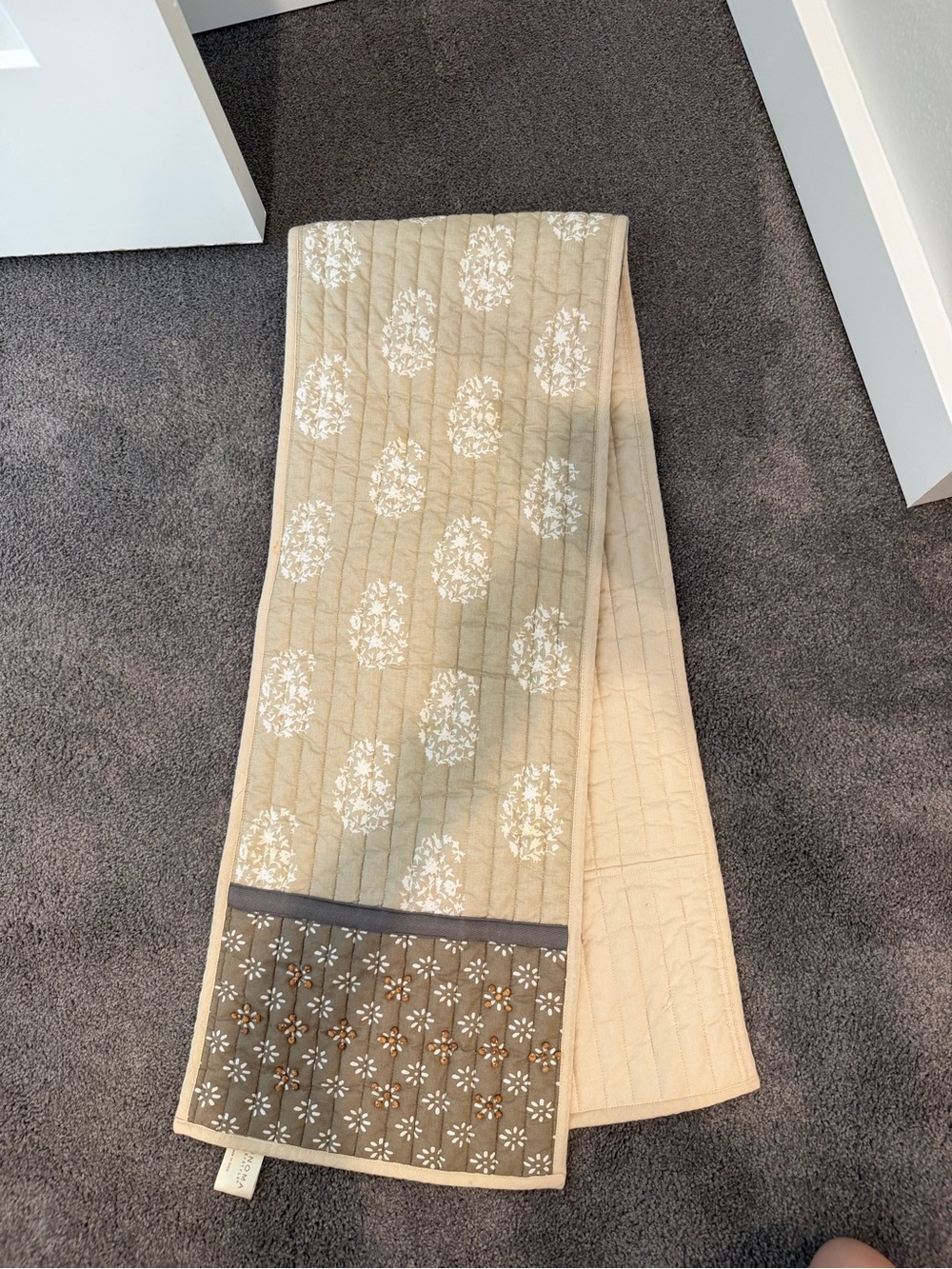 Quilted Beige Table Runner with White Floral Medallions